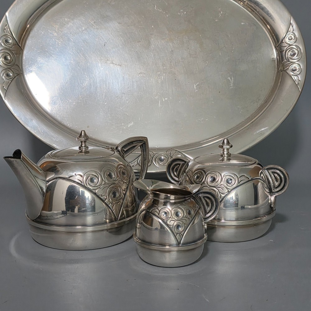 Stylish Antique Secessionist Silver Plate Tea Set & Tray – Four Piece Art Nouveau Service c.1900 View XII