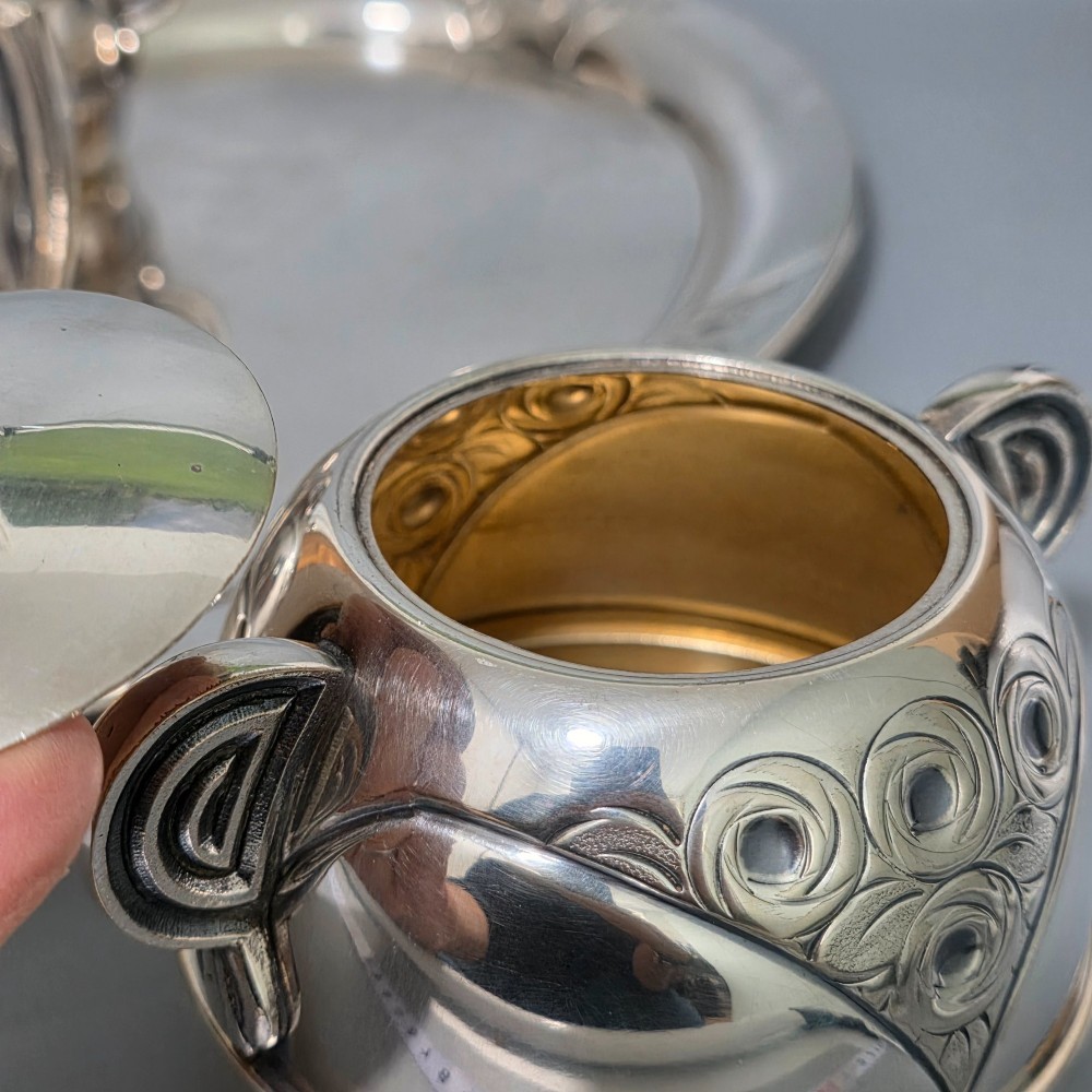 Stylish Antique Secessionist Silver Plate Tea Set & Tray – Four Piece Art Nouveau Service c.1900 View XIII