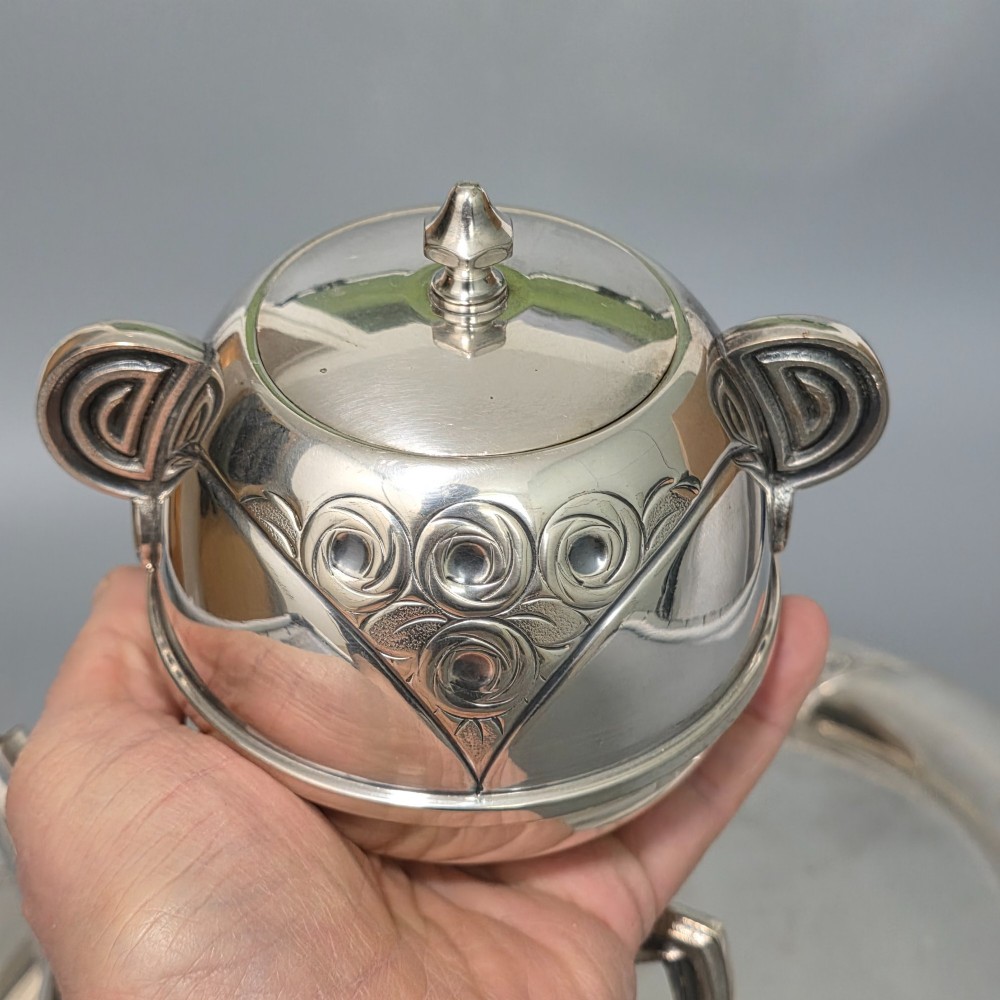 Stylish Antique Secessionist Silver Plate Tea Set & Tray – Four Piece Art Nouveau Service c.1900 View XV