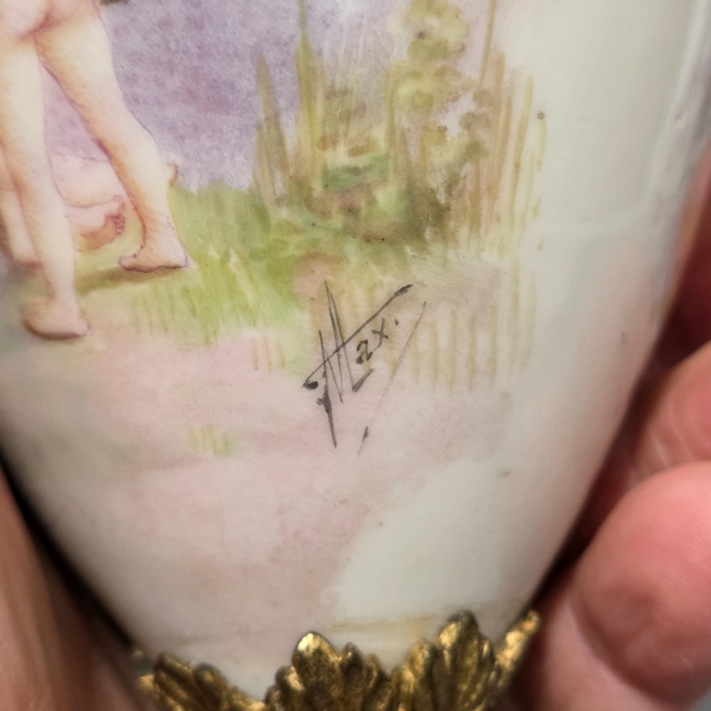 Antique French Painted Sevres Style Signed Porcelain Ormolu Vase Signed 'Max' 31cm View XIII