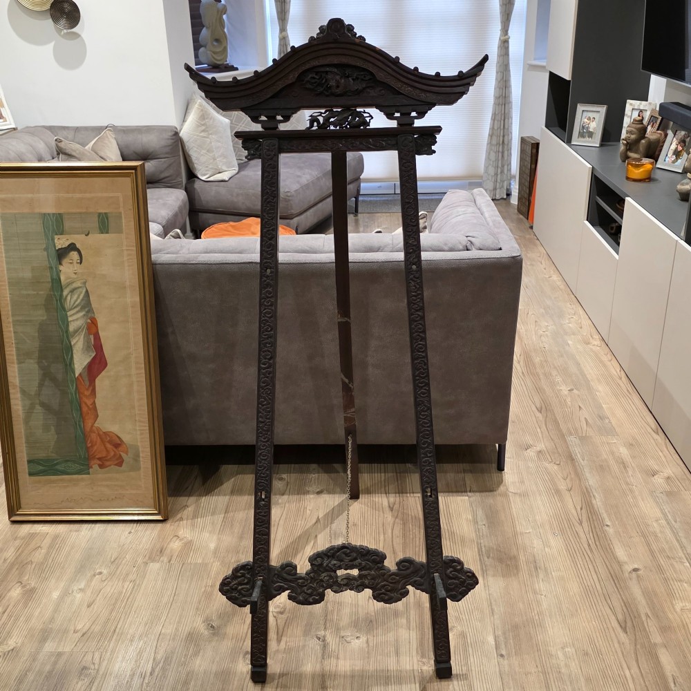 Exceptional Antique Chinese Carved Wooden Easel Frame – Dragon & Phoenix Decor 145cm View II