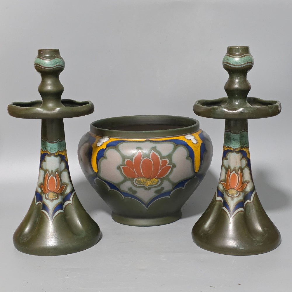 Fine Quality Large Trio Of Gouda Pottery Candlesticks and Jardiniere c1920s