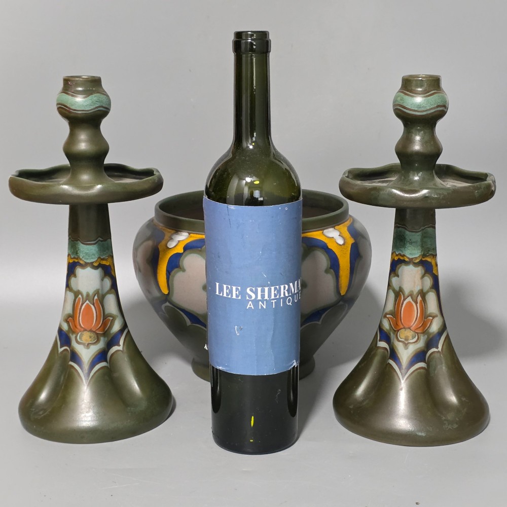 Fine Quality Large Trio Of Gouda Pottery Candlesticks and Jardiniere c1920s View III
