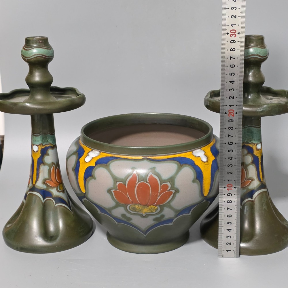 Fine Quality Large Trio Of Gouda Pottery Candlesticks and Jardiniere c1920s View II