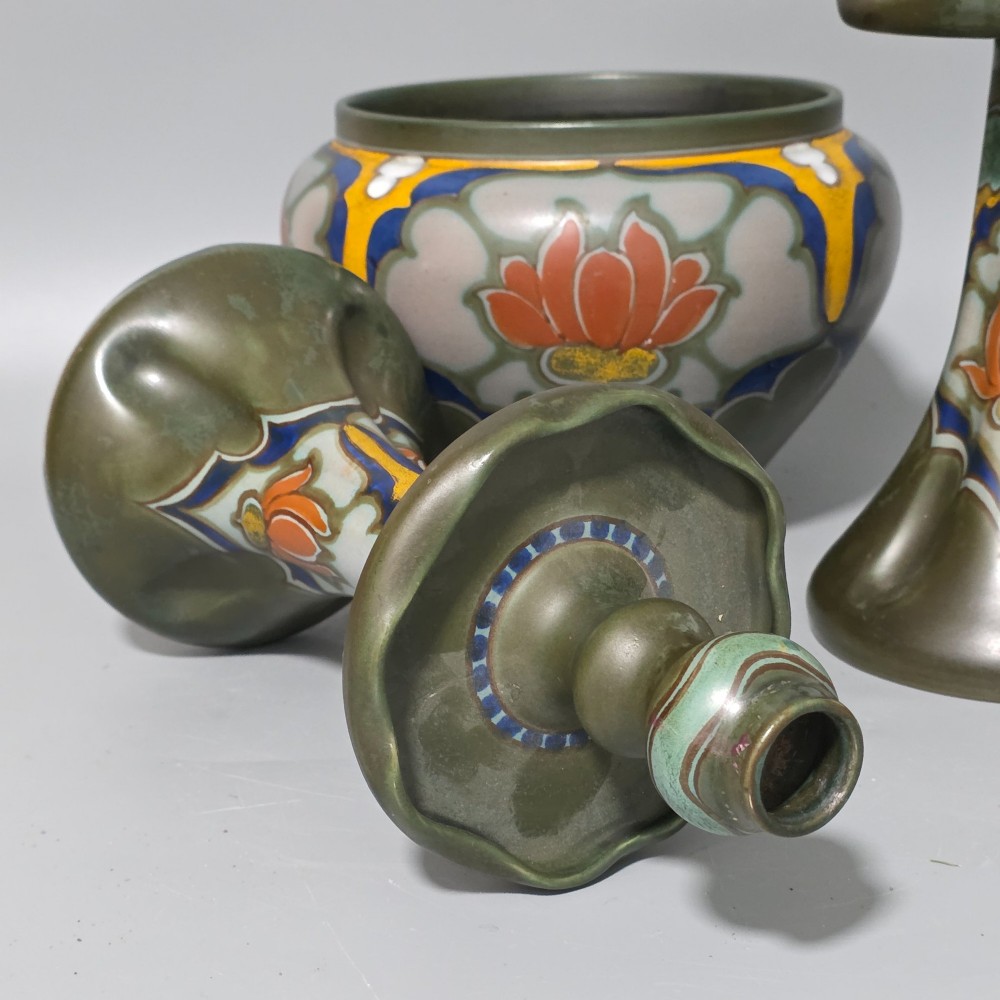 Fine Quality Large Trio Of Gouda Pottery Candlesticks and Jardiniere c1920s View IV