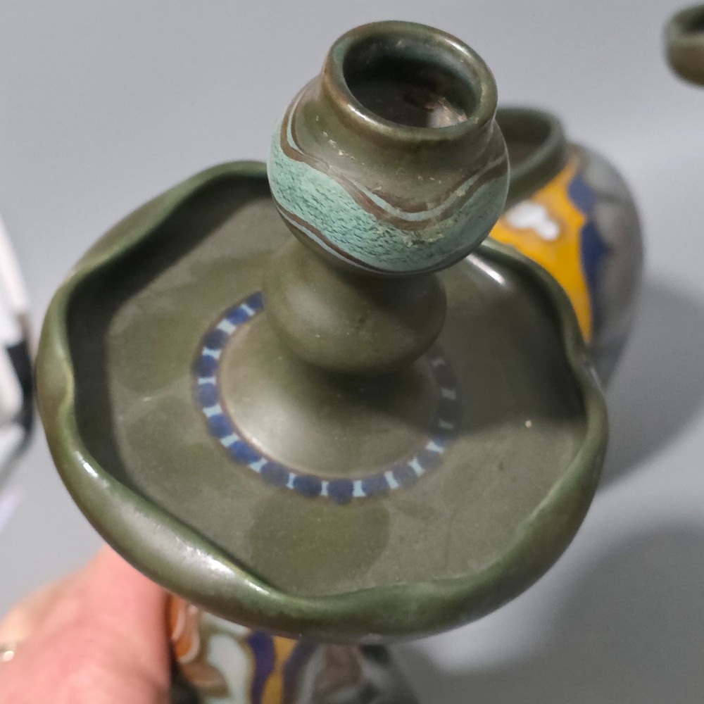 Fine Quality Large Trio Of Gouda Pottery Candlesticks and Jardiniere c1920s View VII