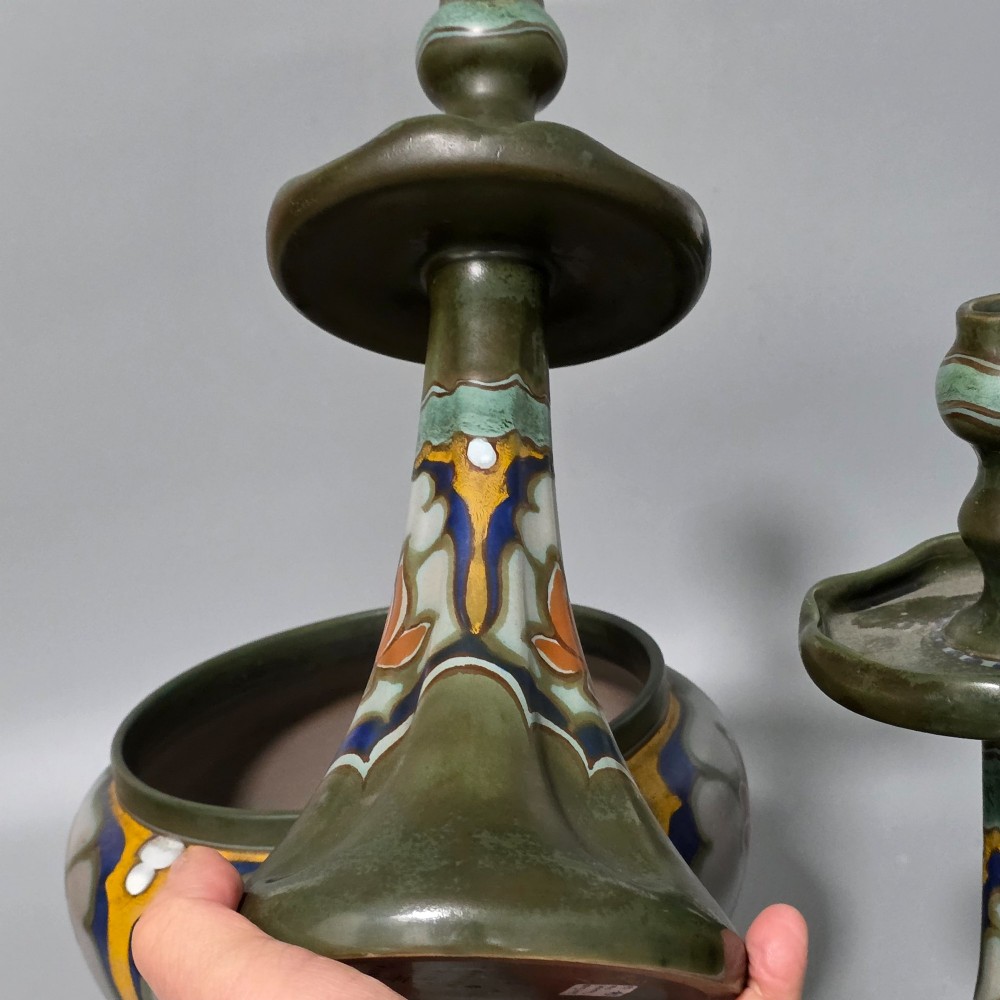 Fine Quality Large Trio Of Gouda Pottery Candlesticks and Jardiniere c1920s View VIII