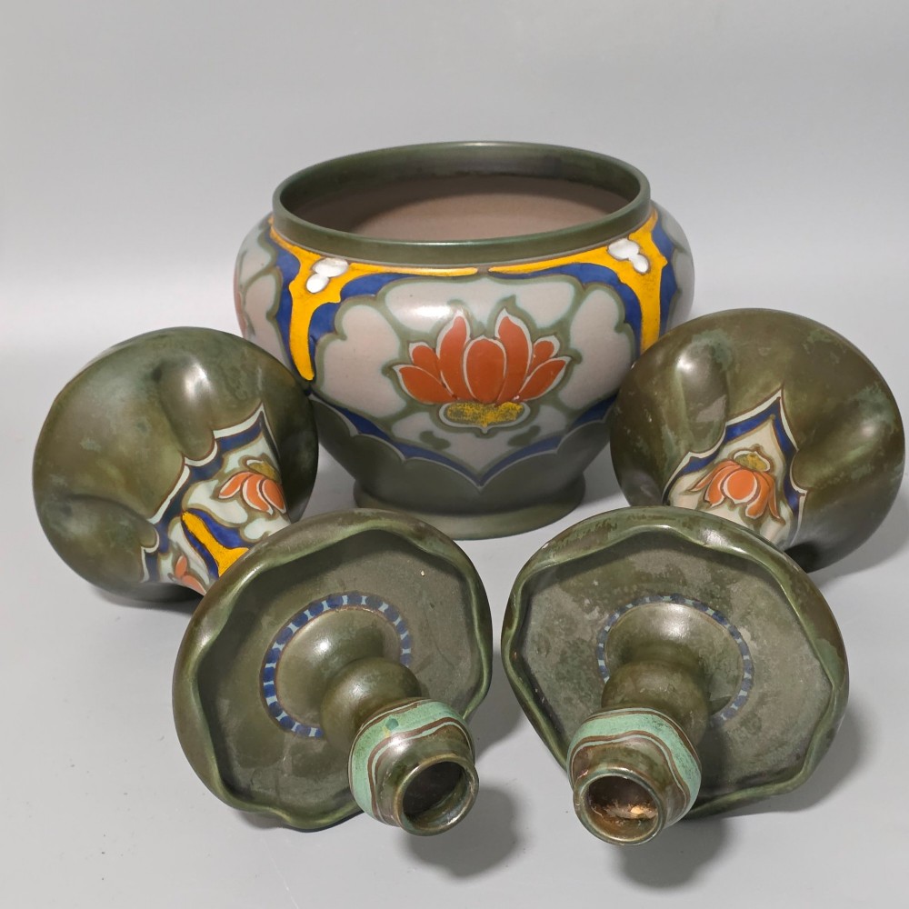 Fine Quality Large Trio Of Gouda Pottery Candlesticks and Jardiniere c1920s View IX