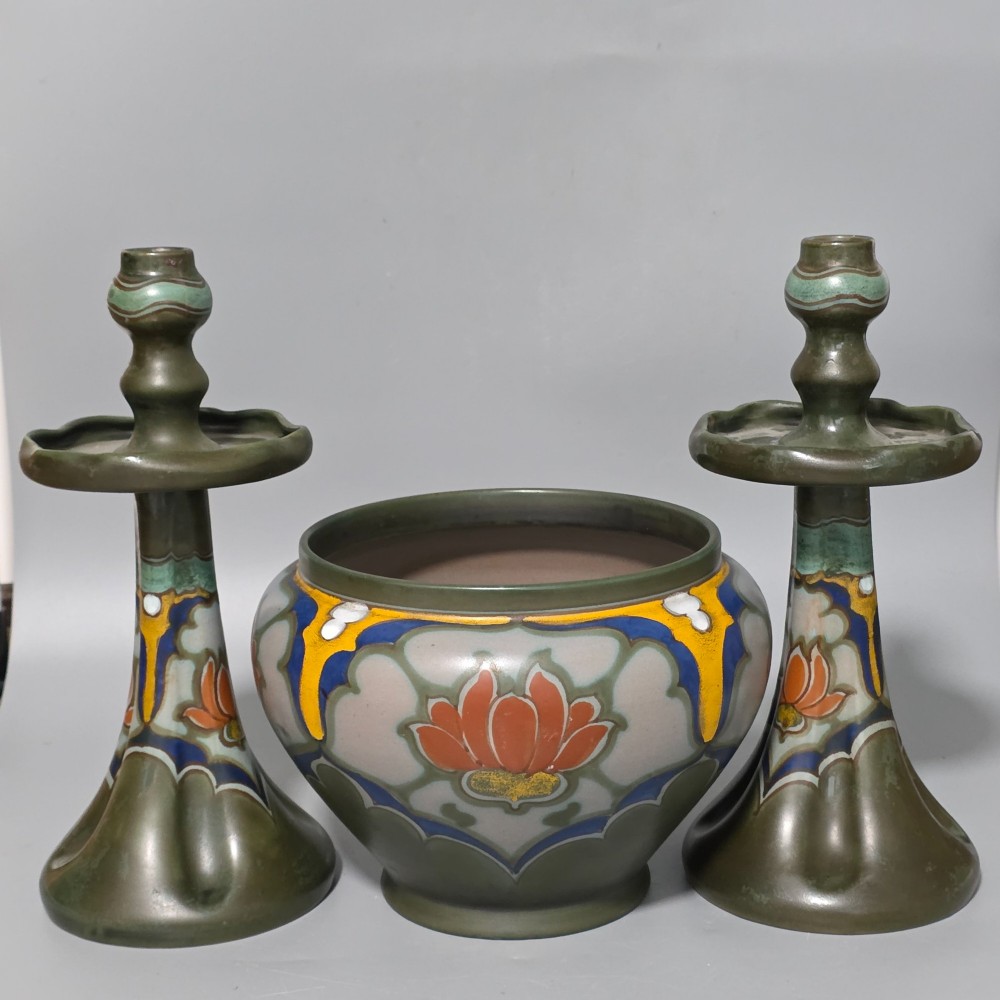 Fine Quality Large Trio Of Gouda Pottery Candlesticks and Jardiniere c1920s View XI