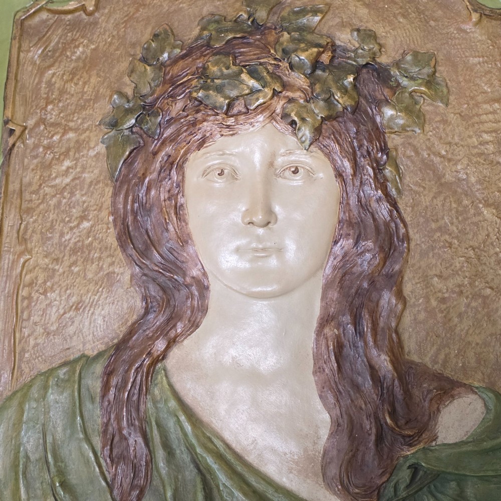 Fabulous Large (56cm) Ernst Wahliss Art Nouveau Ceramic Plaque of a young maiden View IV