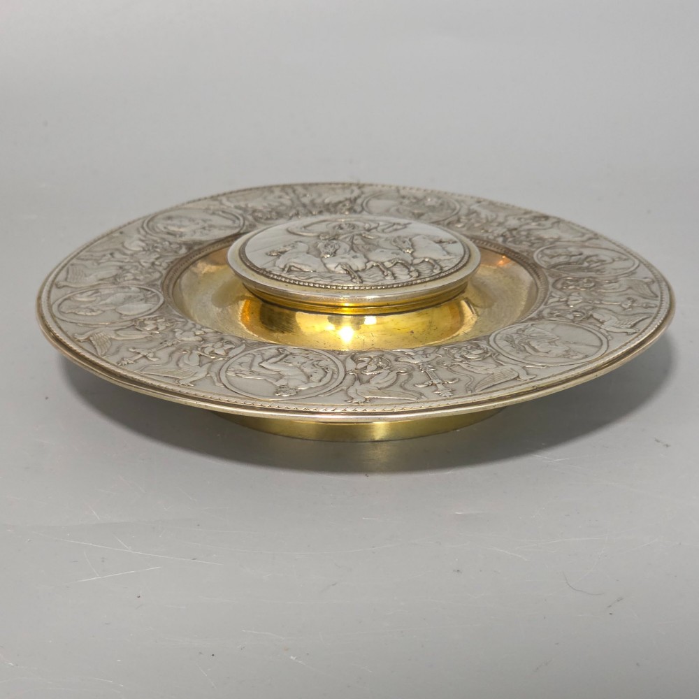 Elkington, Victorian, Neo Classical Silver Plate on Brass Circular Inkstand. Elkington & Co.c1875 View VIII