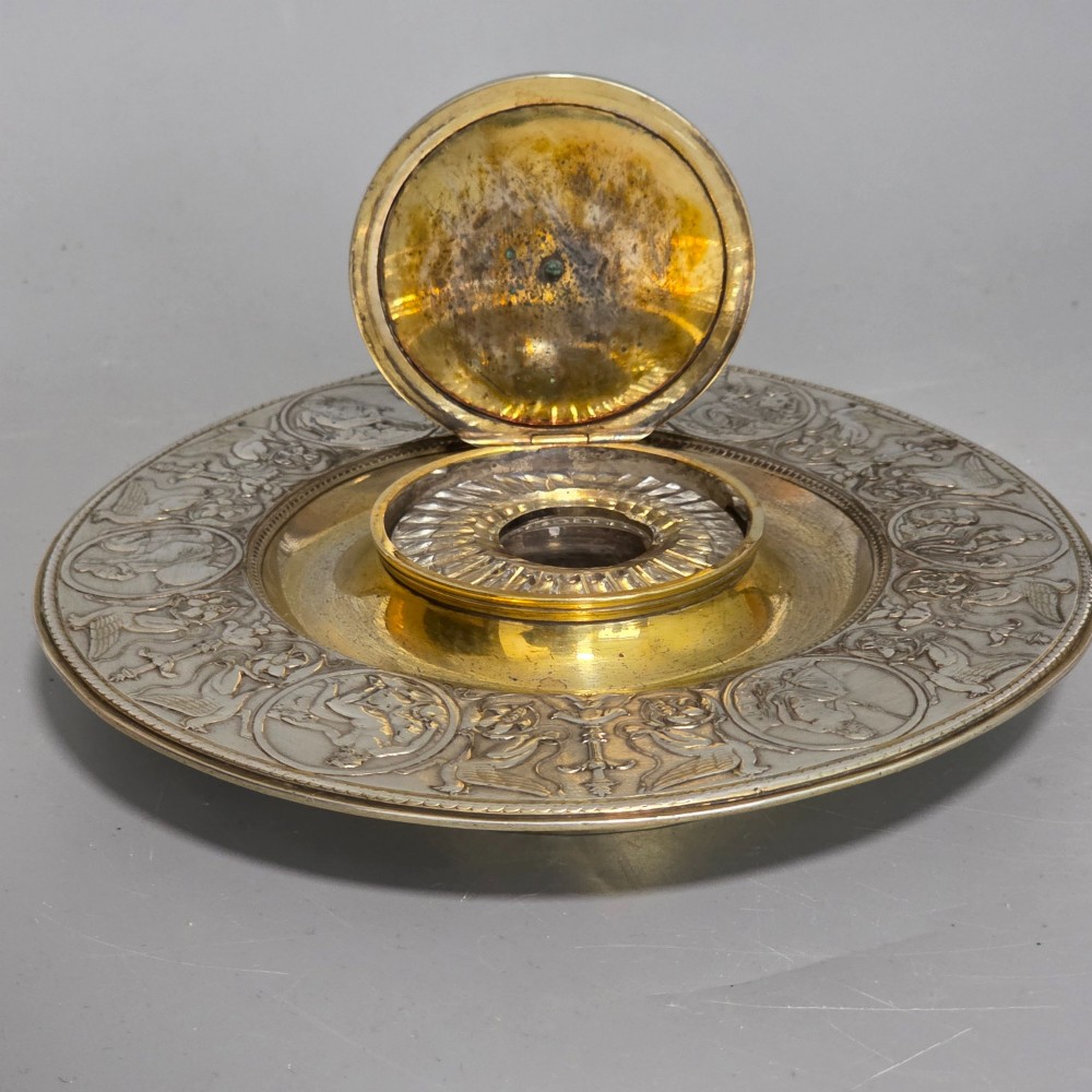 Elkington, Victorian, Neo Classical Silver Plate on Brass Circular Inkstand. Elkington & Co.c1875 View XIV