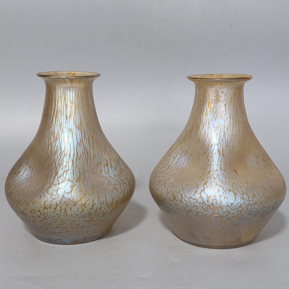Fabulous pair of “Candia Papillon” Pattern Iridescent Glass Loetz vases c1900 View IV