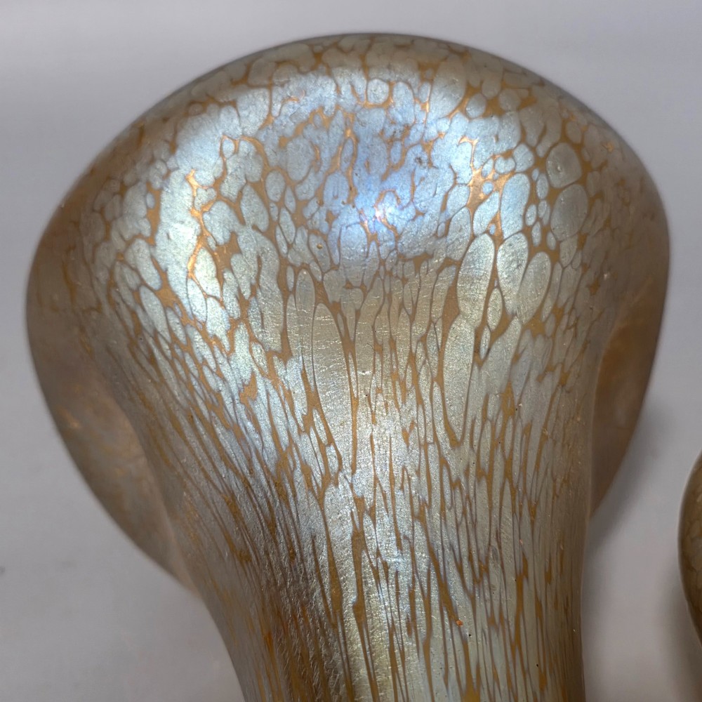 Fabulous pair of “Candia Papillon” Pattern Iridescent Glass Loetz vases c1900 View V