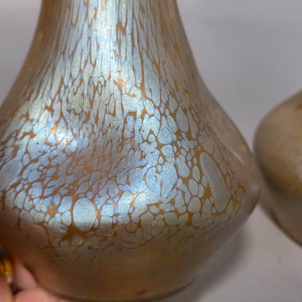 Fabulous pair of “Candia Papillon” Pattern Iridescent Glass Loetz vases c1900 View XV