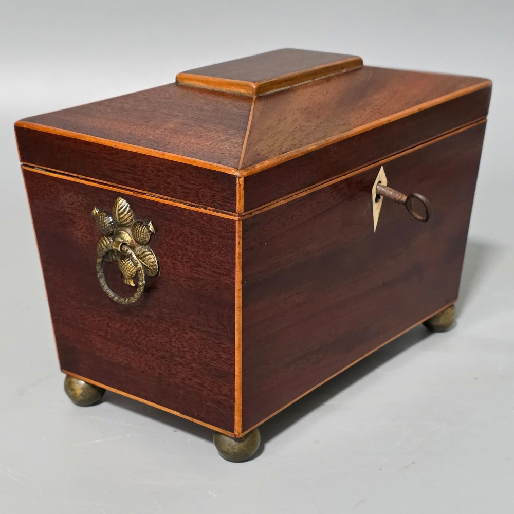 Antique Regency Quality Mahogany Inlaid Tea Caddy with Bone Escutcheon