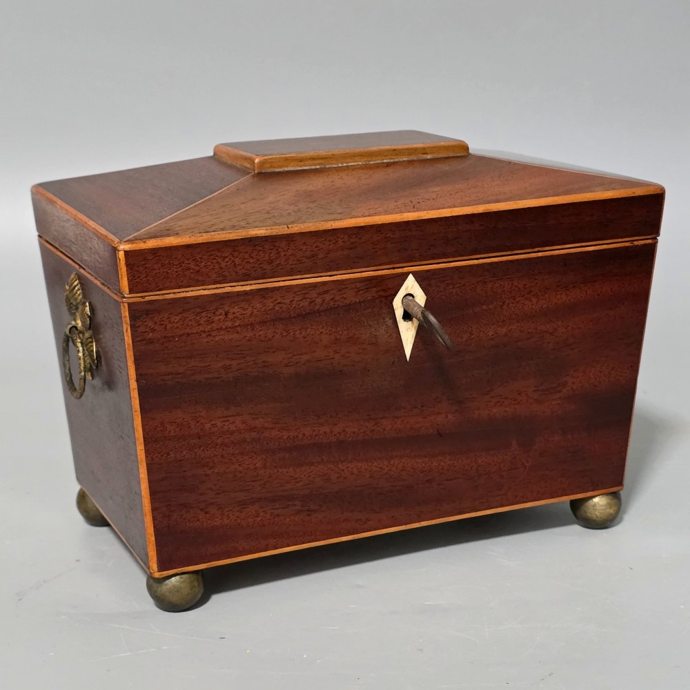 Antique Regency Quality Mahogany Inlaid Tea Caddy with Bone Escutcheon View II