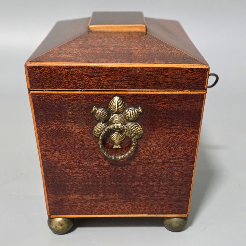 Antique Regency Quality Mahogany Inlaid Tea Caddy with Bone Escutcheon View III