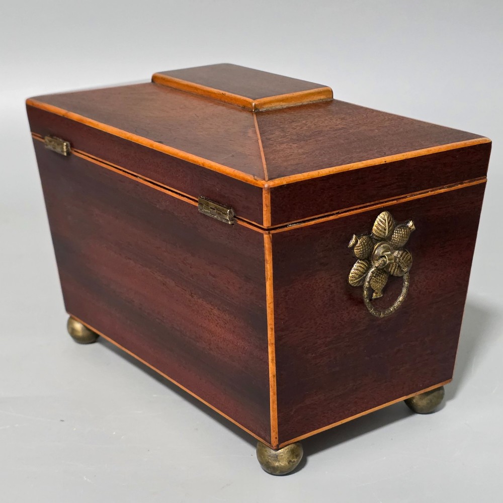 Antique Regency Quality Mahogany Inlaid Tea Caddy with Bone Escutcheon View IV