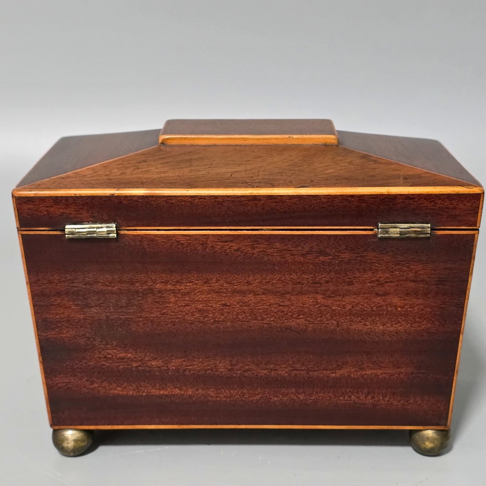 Antique Regency Quality Mahogany Inlaid Tea Caddy with Bone Escutcheon View V