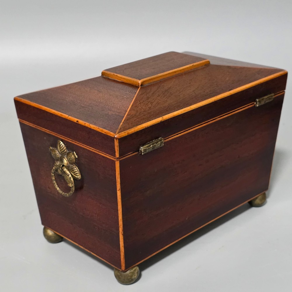 Antique Regency Quality Mahogany Inlaid Tea Caddy with Bone Escutcheon View VI