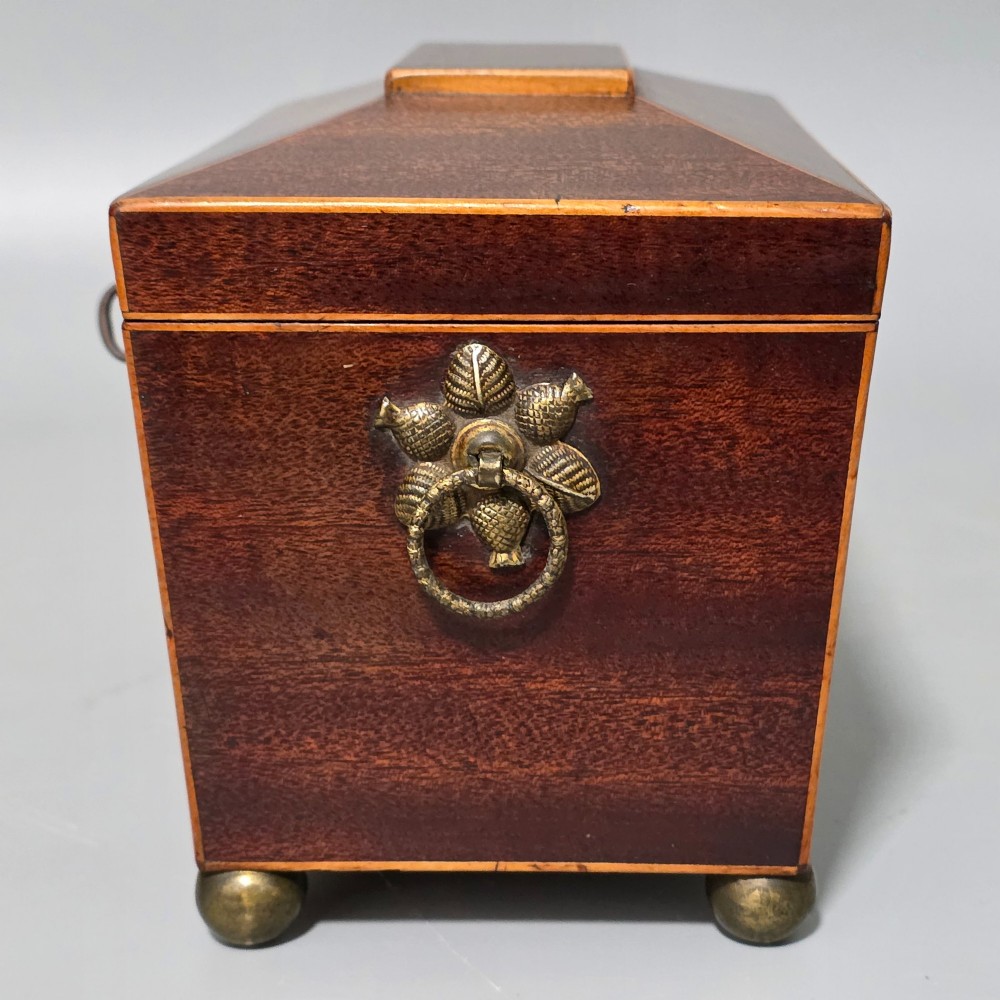 Antique Regency Quality Mahogany Inlaid Tea Caddy with Bone Escutcheon View VII