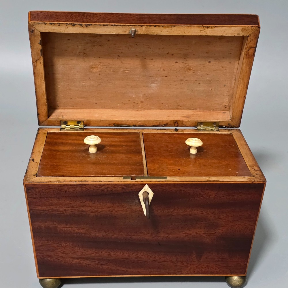 Antique Regency Quality Mahogany Inlaid Tea Caddy with Bone Escutcheon View X