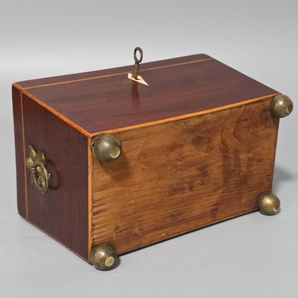 Antique Regency Quality Mahogany Inlaid Tea Caddy with Bone Escutcheon View XIII