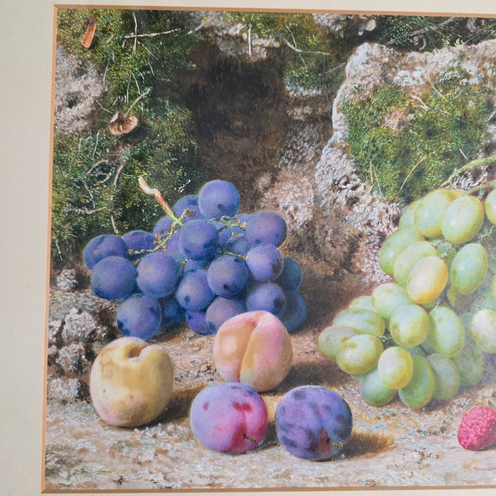 A framed 19th-century watercolour painting by John Sherrin depicting green and purple grapes, plums, and strawberries set against a mossy stone backdrop. View IV