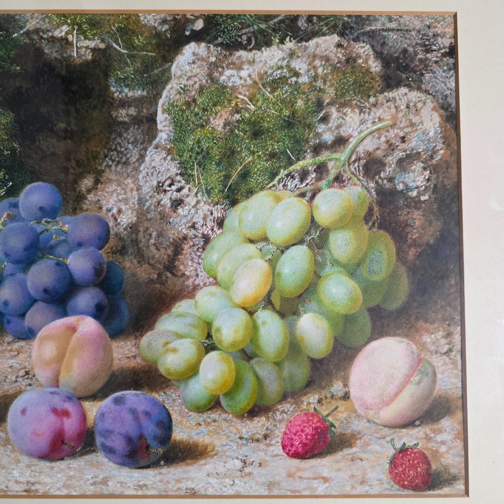 A framed 19th-century watercolour painting by John Sherrin depicting green and purple grapes, plums, and strawberries set against a mossy stone backdrop. View V