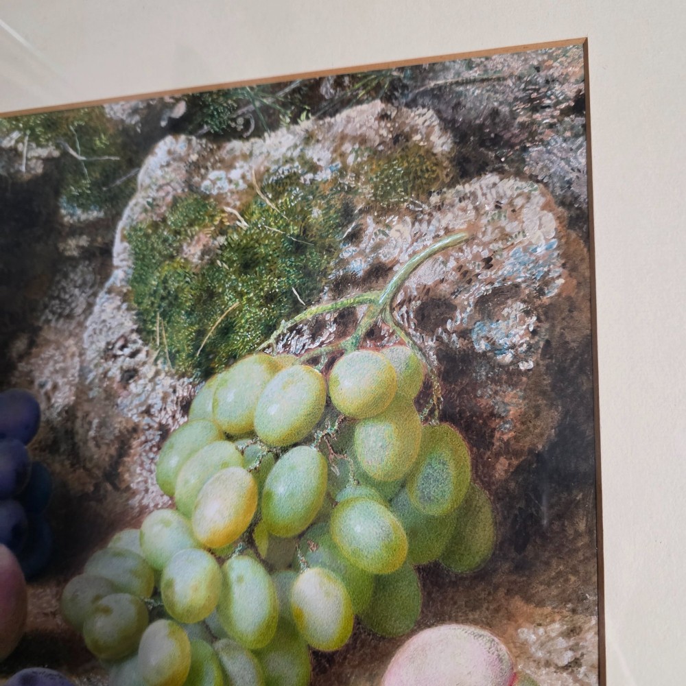 A framed 19th-century watercolour painting by John Sherrin depicting green and purple grapes, plums, and strawberries set against a mossy stone backdrop. View VI