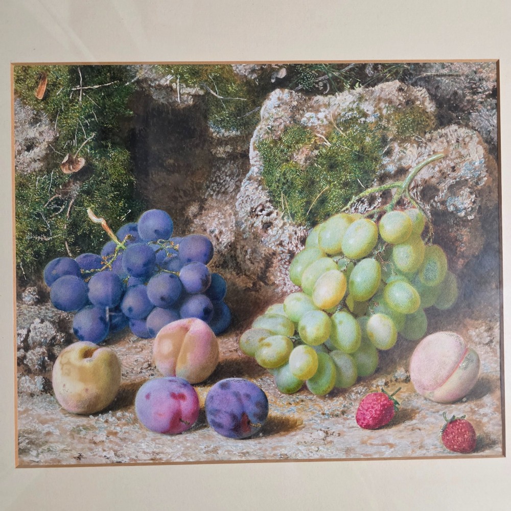 A framed 19th-century watercolour painting by John Sherrin depicting green and purple grapes, plums, and strawberries set against a mossy stone backdrop. View VII