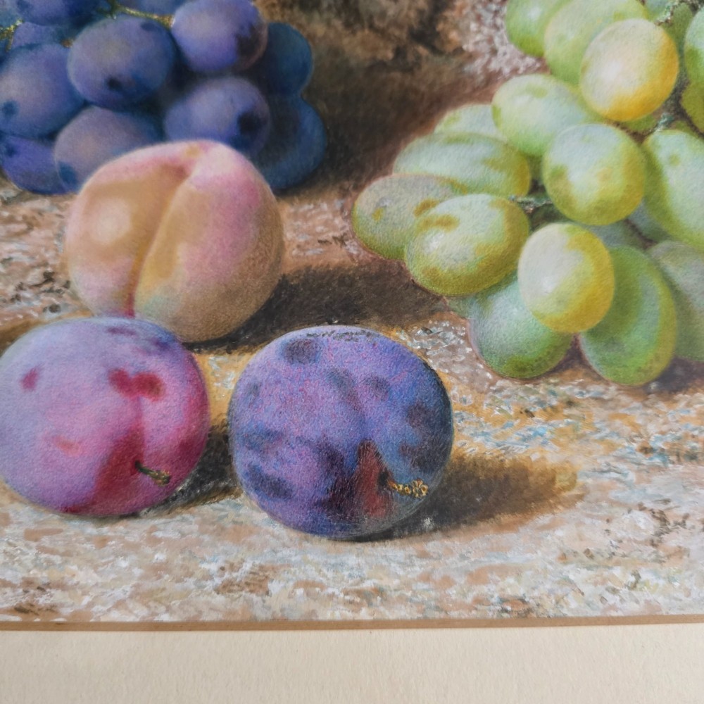 A framed 19th-century watercolour painting by John Sherrin depicting green and purple grapes, plums, and strawberries set against a mossy stone backdrop. View IX