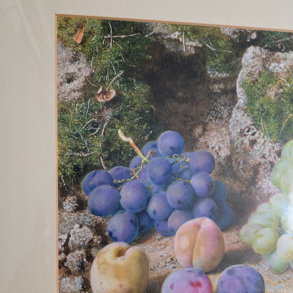 A framed 19th-century watercolour painting by John Sherrin depicting green and purple grapes, plums, and strawberries set against a mossy stone backdrop. View X