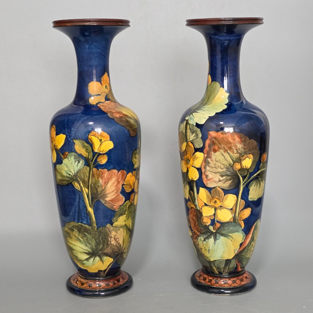 A pair of Doulton Lambeth faience vases, late 19th Century, decorated by Alberta L. Green