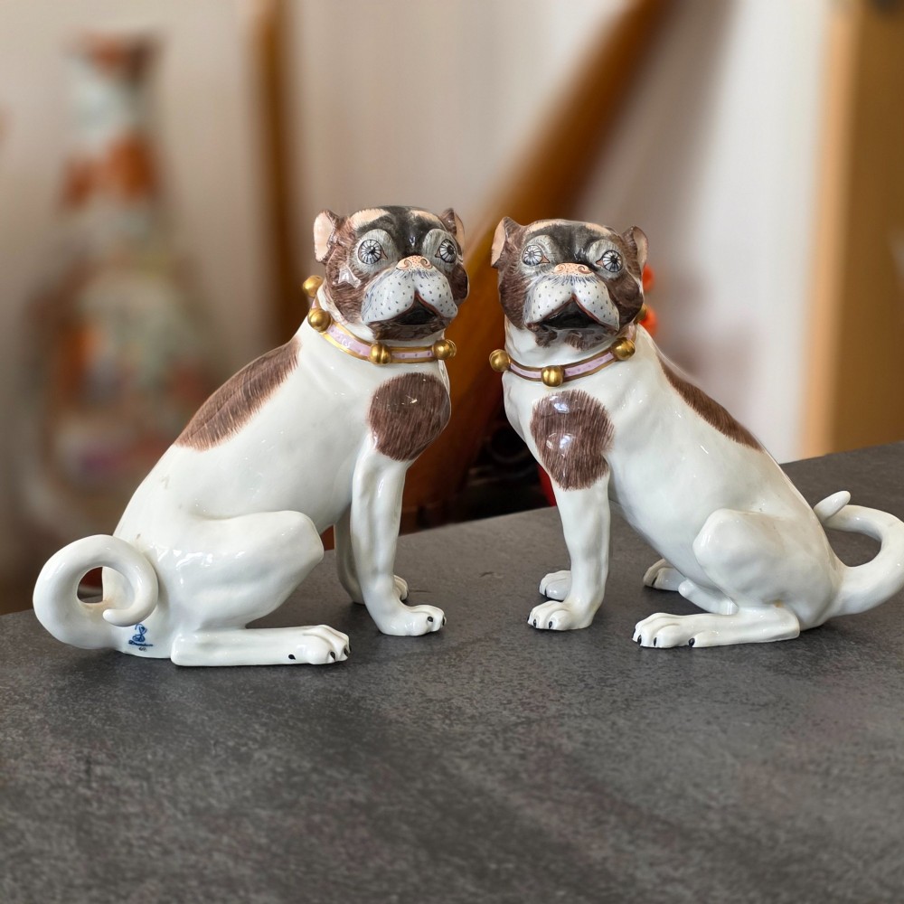 Charming Rare Pair of Dresden Saxon Porcelain Pug Dog Figurines – Male & Female | Early 20th Century