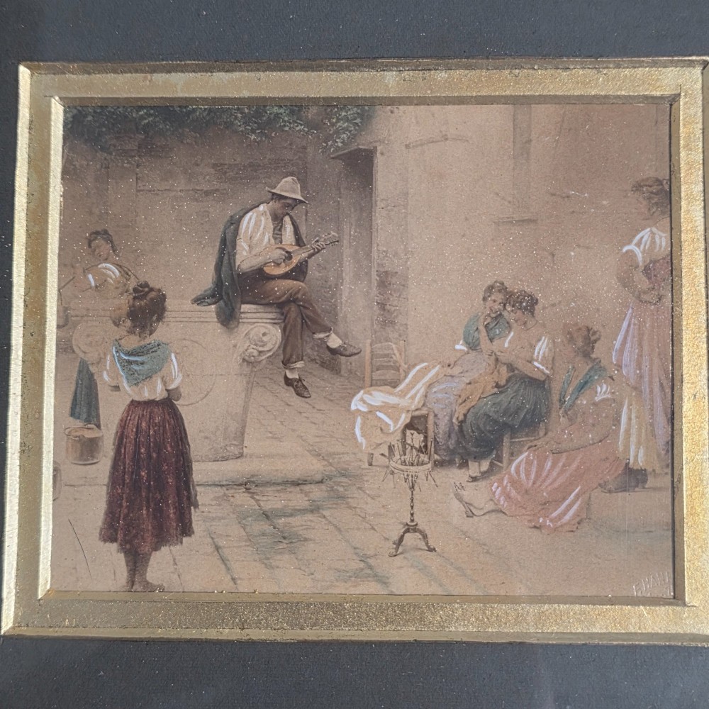 A pair of rectangular antique gilt-framed pictures featuring figurative genre scenes set against dark matting. View IV