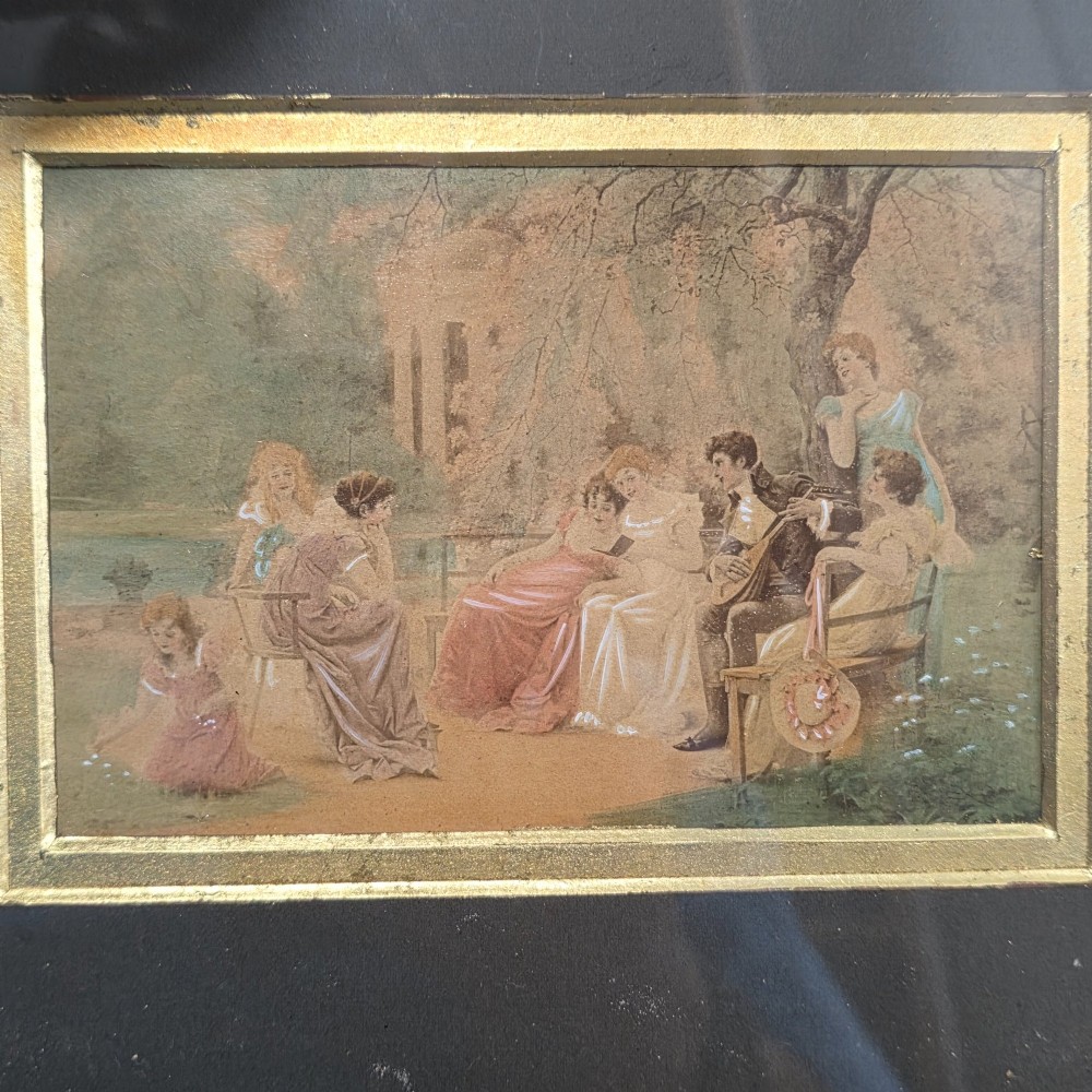 A pair of rectangular antique gilt-framed pictures featuring figurative genre scenes set against dark matting. View XIII