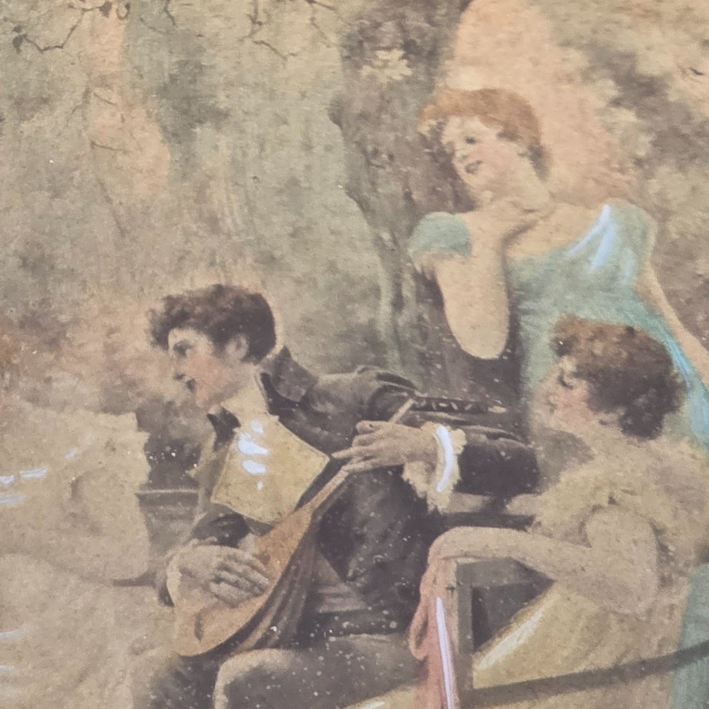 A pair of rectangular antique gilt-framed pictures featuring figurative genre scenes set against dark matting. View XV