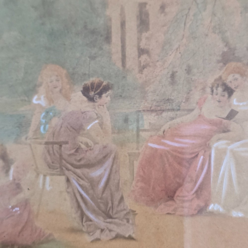 A pair of rectangular antique gilt-framed pictures featuring figurative genre scenes set against dark matting. View IX