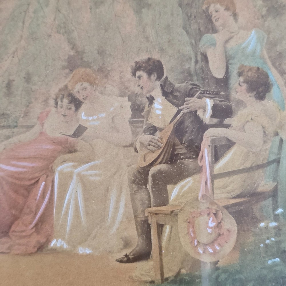 A pair of rectangular antique gilt-framed pictures featuring figurative genre scenes set against dark matting. View X