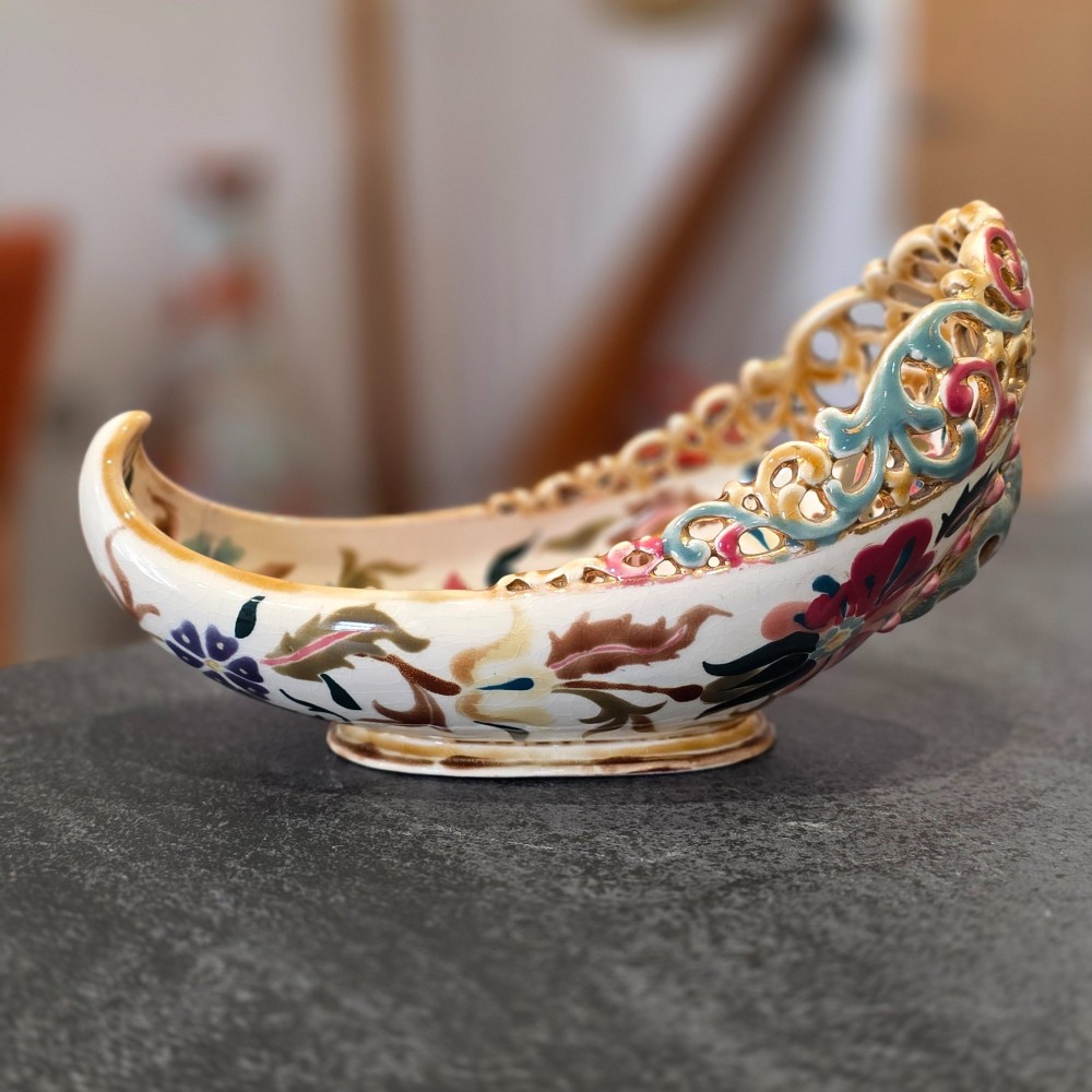 Antique Zsolnay Pecs Boat Shaped Reticulated Dish View II