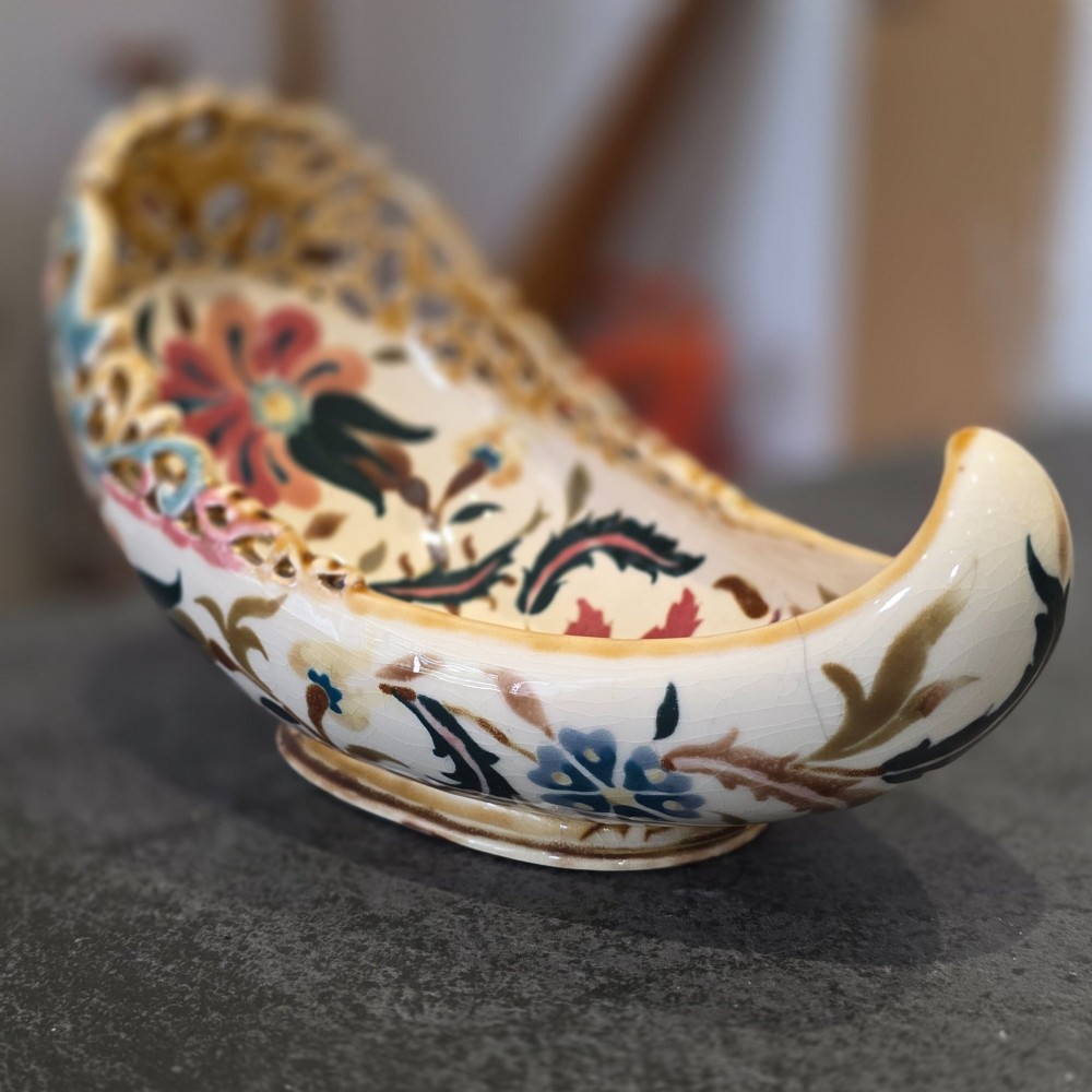 Antique Zsolnay Pecs Boat Shaped Reticulated Dish View III