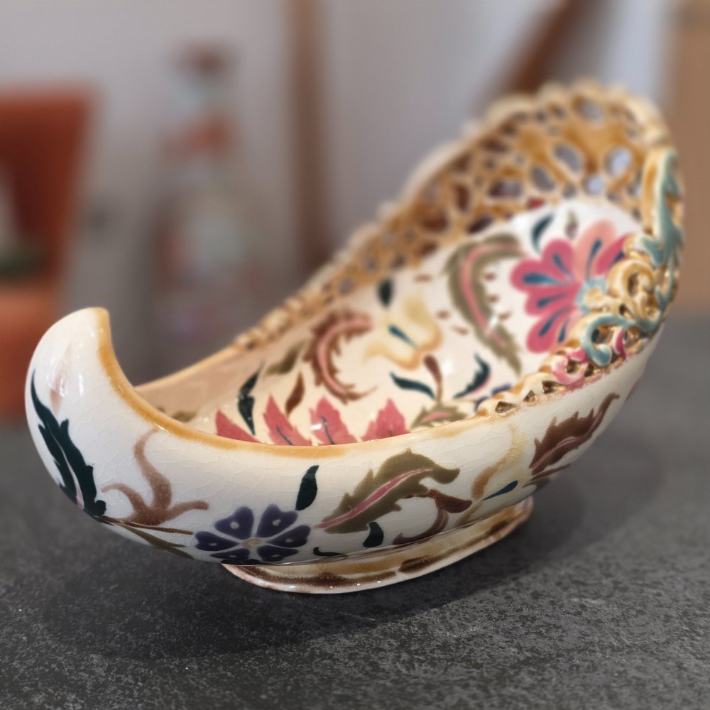 Antique Zsolnay Pecs Boat Shaped Reticulated Dish