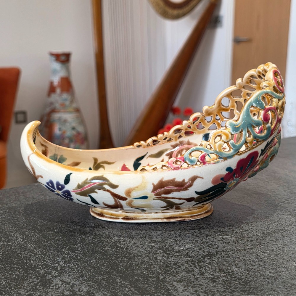 Antique Zsolnay Pecs Boat Shaped Reticulated Dish View V
