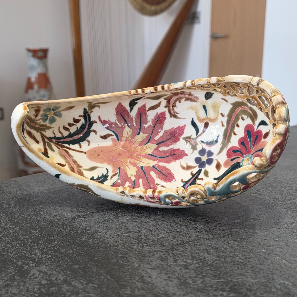 Antique Zsolnay Pecs Boat Shaped Reticulated Dish View VI