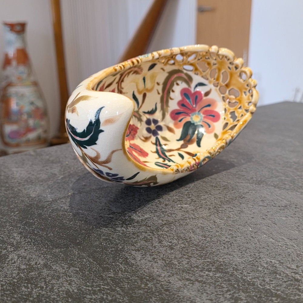 Antique Zsolnay Pecs Boat Shaped Reticulated Dish View VII