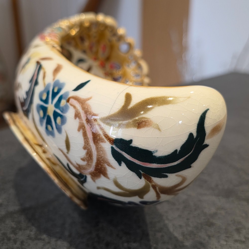 Antique Zsolnay Pecs Boat Shaped Reticulated Dish View VIII