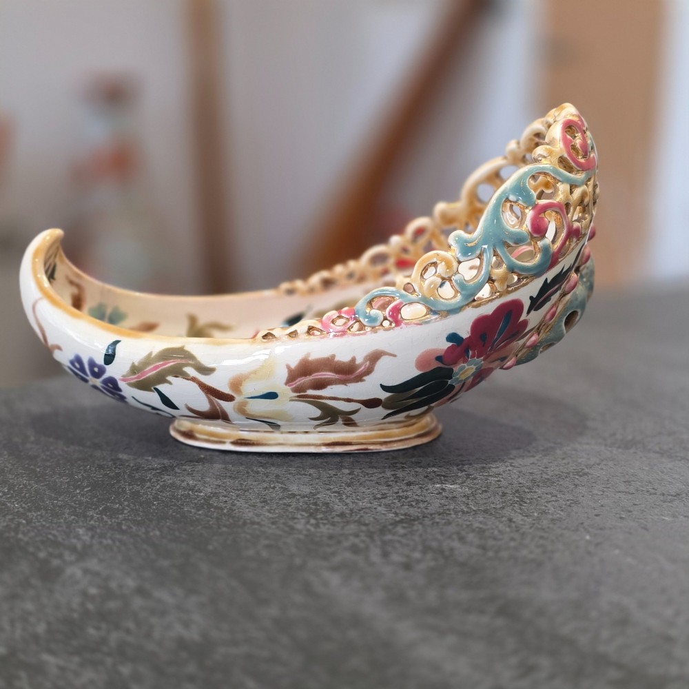 Antique Zsolnay Pecs Boat Shaped Reticulated Dish View XIV