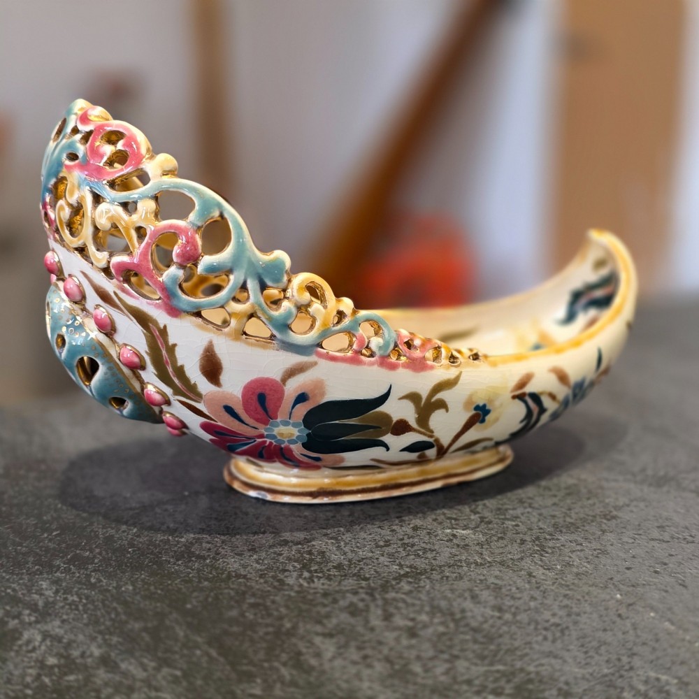 Antique Zsolnay Pecs Boat Shaped Reticulated Dish View XV